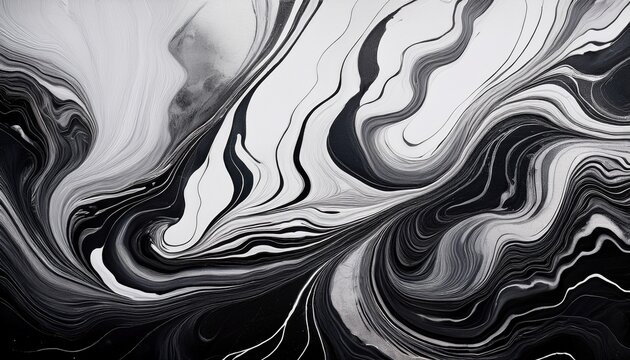 Abstract Black And White Liquid Art Background On Paper Marble Effect Banner With Organic Flowing Lines Creative Fluid Painting For Design
