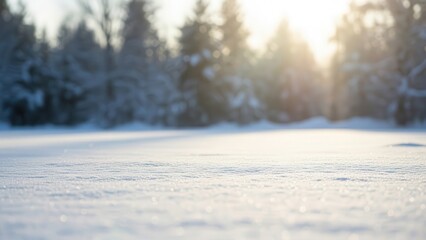 Photorealistic winter river landscape at sunset with snow-covered pine trees, gentle snowfall, winding river reflecting warm light, and a calm serene atmosphere.