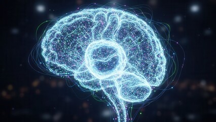 Ultra realistic artificial intelligence brain made of glowing neural networks, futuristic science concept, dark background, cinematic lighting, shallow depth of field, professional stock photo