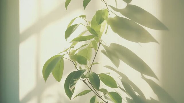 Green houseplant leaves lit by warm sunlight, casting soft shadows on a pale interior wall for a calm, minimal backdrop with ample copy space
