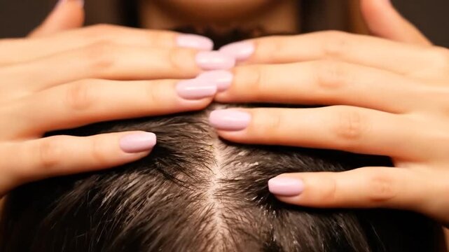 Close up shot of a brunette scalp with oil drop