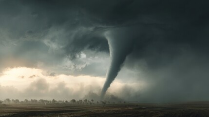 A powerful tornado forms in a dark and turbulent sky over a quiet countryside. The ominous clouds swirl as nature unleashes its fury in the late afternoon light.