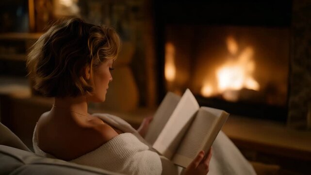 Fireplace moment with person reading a book nearby, relaxed posture, gentle firelight creating peaceful mood and personal retreat. cinematic color correction, natural uneven lighting yet gentle