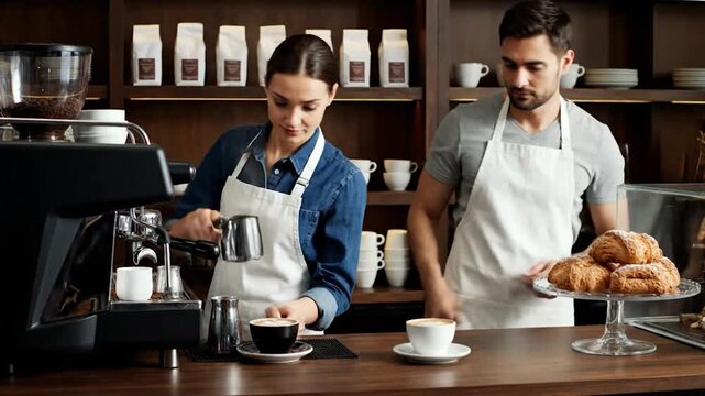 Two baristas in a coffee shop prepare beverages and baked goods at the counter
