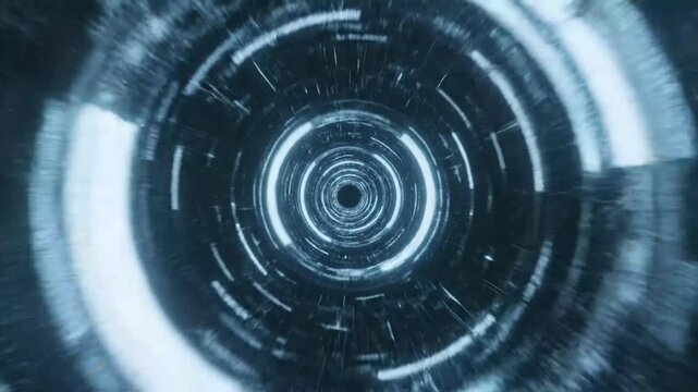 Abstract futuristic digital tunnel with glowing rings and lines, sci-fi motion background.