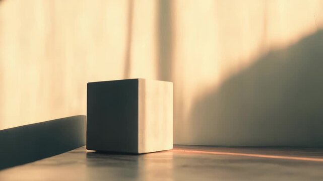 White cube object casting a shadow on a light wall and surface, receiving warm sunlight highlighting its form and creating a serene, minimalist atmosphere
