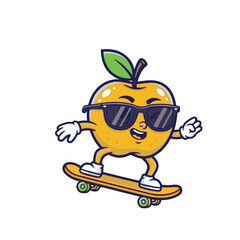 Fototapeta premium A funny cartoon illustration of a cute tomato character riding a skateboard with a happy robot design in a fun comic art style