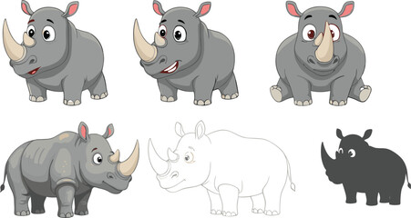 rhinoceros character vector set. Cartoon rhinos with different expressions and styles. Friendly safari animal illustrations for kids design, education and games © HELEN QUEEN