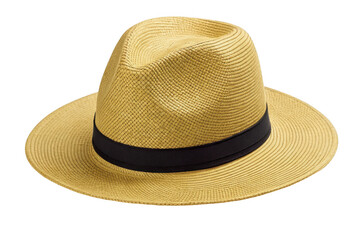 Straw fedora hat with black band isolated on transparent background