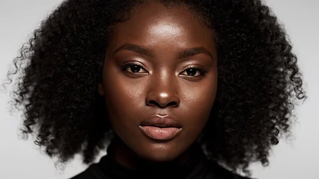 Dark-skinned woman with curly hair gazes into camera against a light background