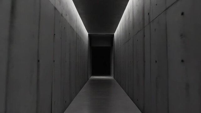 Minimalist concrete tunnel with linear ceiling lights leading toward a dark, mysterious opening, stark geometric lines, deep perspective, and dramatic monochrome atmosphere