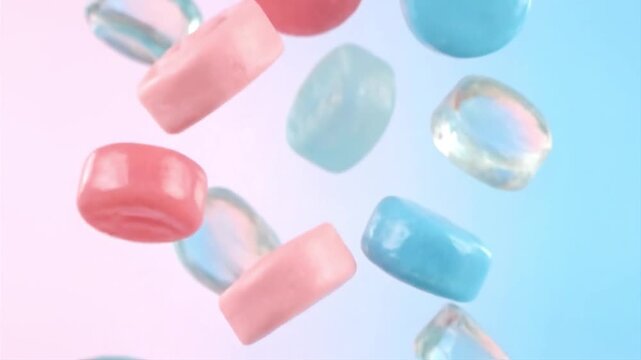 Pastel hard candies and clear glass candy falling on pink gradient background