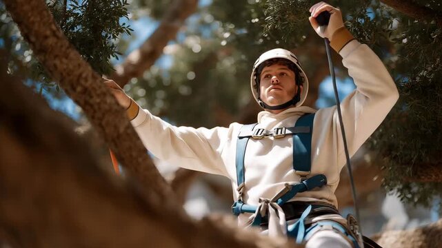Urban forestry services show an arborist navigating branches with specialized climbing gear, methodically trimming damaged or overgrown trees. cinematic color correction, natural uneven lighting