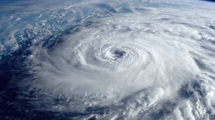 A massive hurricane spins in the deep blue ocean, showcasing turbulent clouds and swirling winds. The view emphasizes the storm's formidable power and vast scale from above.