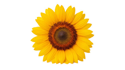 A single vibrant yellow sunflower bloom with a dark brown textured center and bright yellow petals radiating outwards isolated on a transparent background