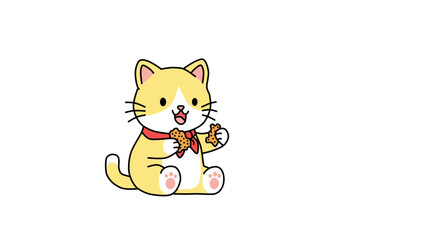 Obraz premium Cute ginger cat eating cookies vector illustration. Kawaii kitten holding biscuits, flat cartoon style.
