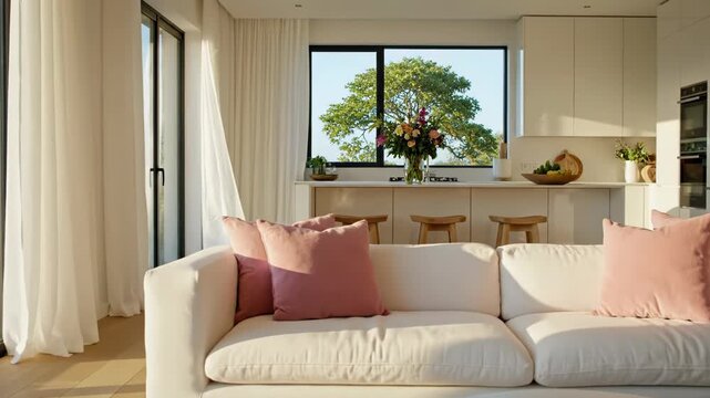 Modern living room with white couch and pink pillows in a bright and airy space with a kitchen