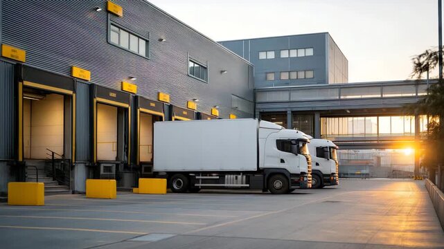 At a distribution center, a busy loading dock operates with trucks parked in designated bays, emphasizing supply chain flow, cargo handling, and transport coordination. cinematic color correction,