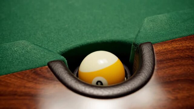 Cinematic overhead tracking shot following a striped billiard ball sinking flawlessly into the dark corner pocket of the professional pool table professional, billiard, precision