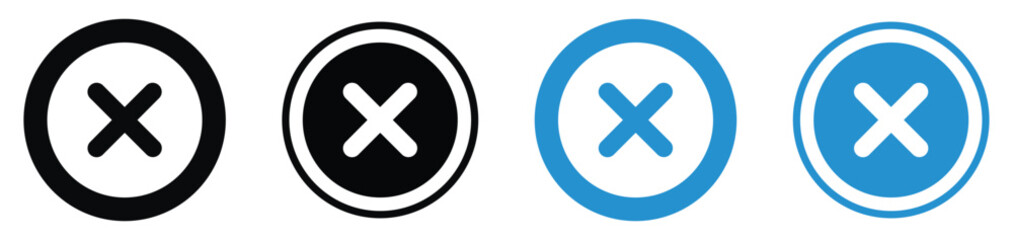 Fototapeta premium Minimalist cross icons for close or cancel actions. Set features various circular styles in black and blue. Suitable for exit buttons, error messages, and deleting items in app interfaces.