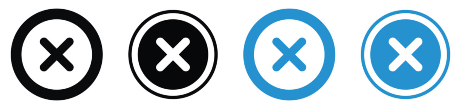 Minimalist cross icons for close or cancel actions. Set features various circular styles in black and blue. Suitable for exit buttons, error messages, and deleting items in app interfaces.