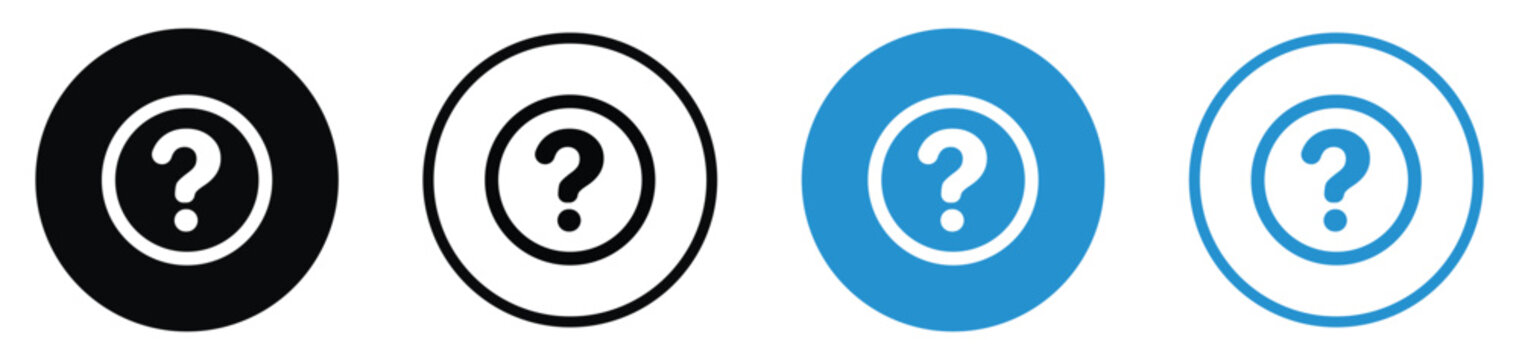 Question mark icons for help and support menus. Professional black and blue circular designs in solid and line styles. Great for customer service, FAQ sections, and informational pop-ups.