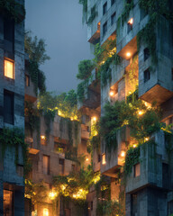 Naklejka premium Stacked vertical mixed material blocks linked by soft luminous pulse lines