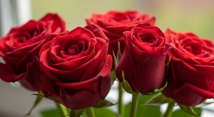 Close-up of vibrant red roses in natural light by a window