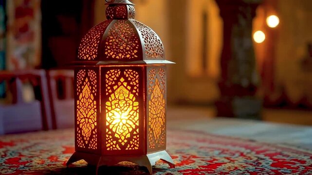 Glowing ornate lantern with geometric patterns on rich carpet, soft background lights&mdash;evokes warmth, tradition, and cultural elegance.