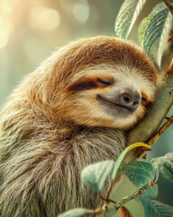 Fototapeta premium Tranquil sloth hanging from tree branch with gentle sleepy smile in lush green forest