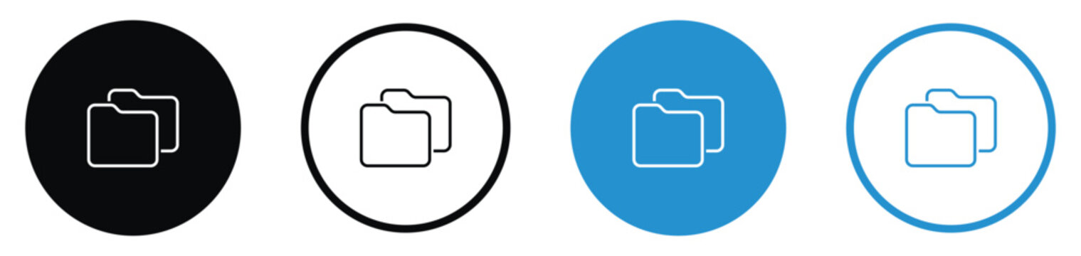 Organized folder icon set in outline style. Minimalist black and blue circular buttons for file management, data storage, and document organization. Ideal for UI/UX design and computer interfaces.