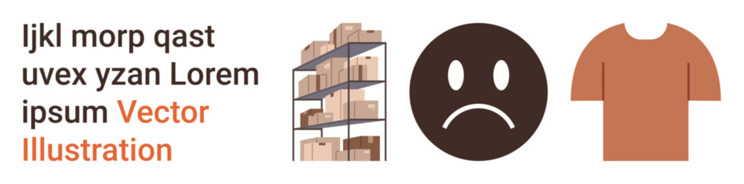 Logistics, e-commerce, clothing industry, emotions, inventory management, online shopping. Shelves with boxes, sad face icon and a plain t-shirt. Logistics and e-commerce concept