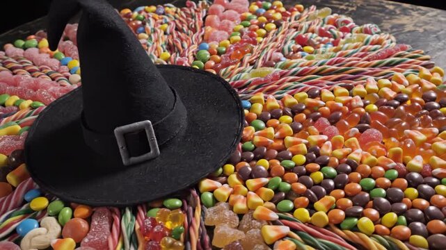 Cinematic high angle sweeping dolly shot moving slowly across a perfectly arranged flat lay of assorted multicolored bulk candy surrounding an iconic black witch hat prop commercial, seasonal, party