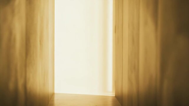 Warm light creates a strong sense of hope and future, illuminating a narrow, empty corridor with wooden walls and leading lines towards a bright unknown space, symbolizing transition and opportunity
