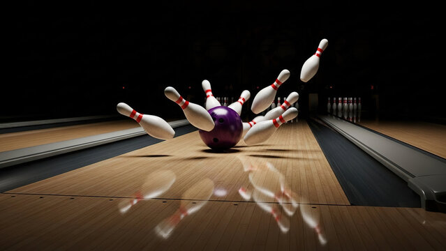 Dramatic shot of bowling ball striking white pins on wooden alley floor resulting in explosive chaotic strike and scattering of pins against a dark, moody background