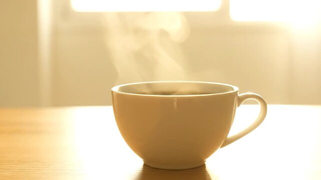 A warm cup of dark, steaming beverage sits on a wooden surface, sunlight softly illuminating the scene