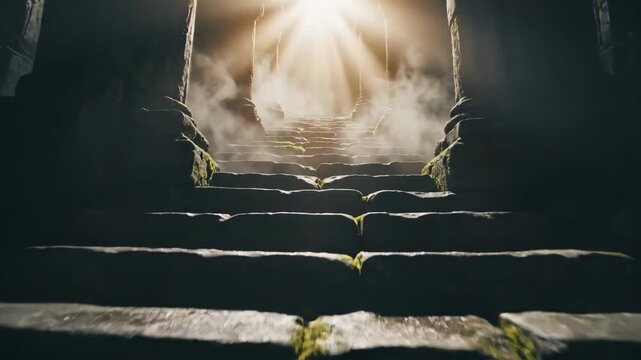 Cinematic low-angle dolly tracking shot following an ancient winding stone staircase ascending steeply through thick mist towards an ethereal guiding light upward, fantasy, pinnacle
