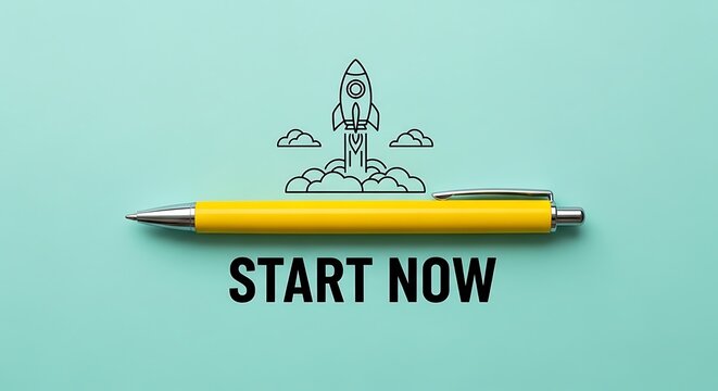 Yellow pen rests above the words start now symbolizing immediate action for a successful business launch or project