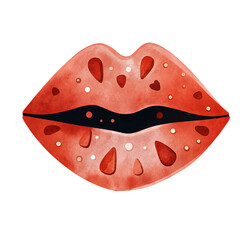Red patterned lips with black mouth line and white dots, transparent background image