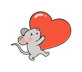 Obraz premium Cute vector illustration of a happy mouse hugging a big red heart. Romantic kawaii cartoon character isolated on white, perfect for Valentine’s Day cards, love designs, kids projects and stickers.