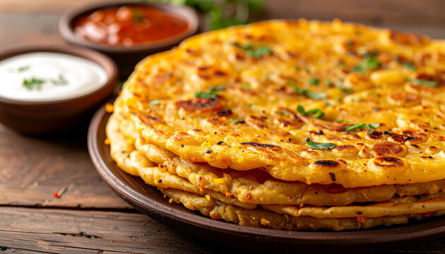 Golden aloo paratha with visible potato filling with chutneys and sauces on wooden table, Indian snack