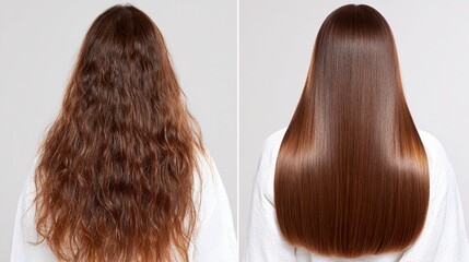 Fototapeta premium Transform your hair from frizzy to sleek with these stunning before-and-after shots showcasing the power of hair treatment and styling techniques for a flawless look.