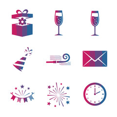Obraz premium A professional duotone graphic icon set rendered in Magenta and Cyan colors featuring seven modern symbols of celebration, party, and floral delivery on a clean white background