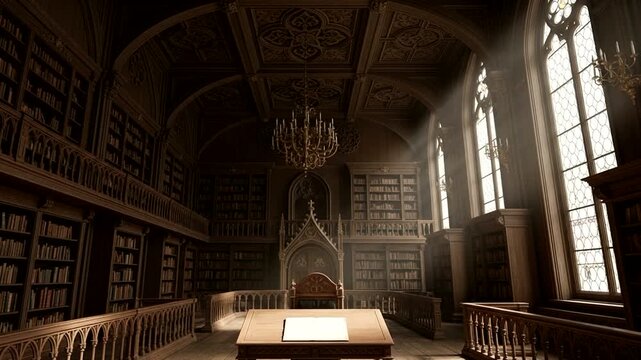Sunlight streams into an old library with tall bookshelves and wooden furniture.