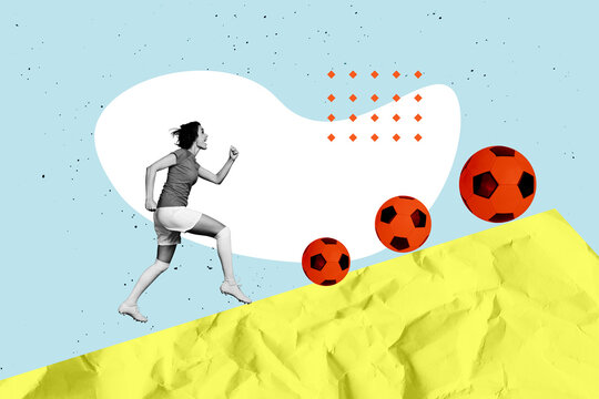 Poster trend sketch template 3D photo collage of lifestyle sport dynamic athlete fitness practice young lady run play football outdoors