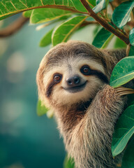 Obraz premium Smiling sloth hanging from branch in lush rainforest canopy, tranquil wildlife portrait
