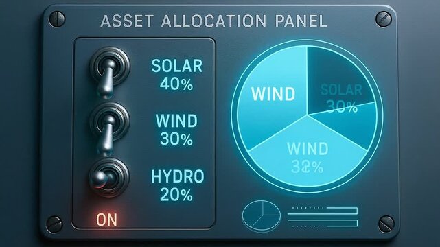 Asset allocation panel with toggle switches and illuminated display, featuring solar 40 percent, wind 30 percent, hydro 20 percent, renewable energy pie chart, blue background, clean energy control