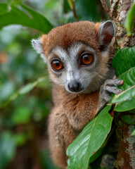 Obraz premium Curious brown lemur gripping tree branch with wide expressive eyes in tropical forest habitat