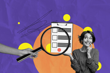 Contemporary artwork collage of happy girl stand clipboard magnifier zoom vacancy resume paper sheet employment candidate