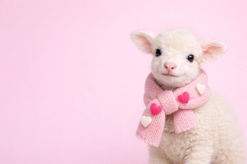 Fototapeta premium Cute Lamb in Pink Scarf with Hearts - Perfect Valentine’s Day Animal Image